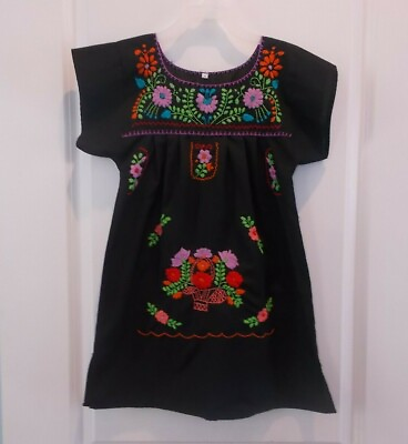 #ad Girls Size 4 Boho Black Floral Embroidered Full Length Dress $15.74