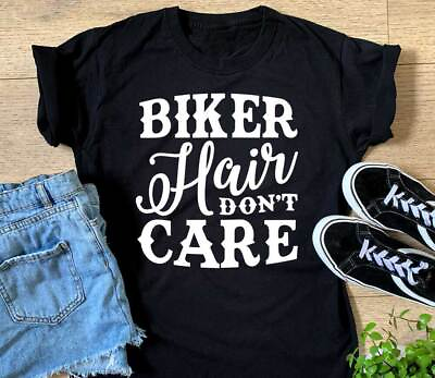 Ladies Biker Hair Don#x27;t Care T Shirt Harley Womens Davidson Christmas Gift Top GBP 10.99