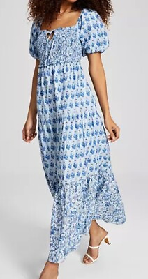 #ad NWT And Now This Smocked Puff Sleeves Blue Croquis Floral Boho Maxi Dress XL $29.95