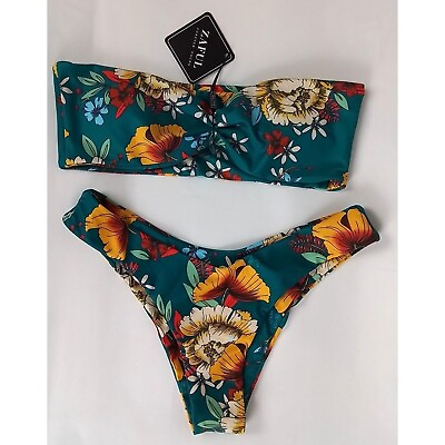 #ad Zaful Small Women#x27;s Floral Print Bandeau Bikini Set High Cut Strapless Swimsuit $29.99