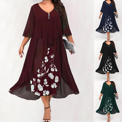 #ad Plus Size Women Floral Chiffon Midi Dress Evening Party Cocktail Ball Gown 22 30 $36.39