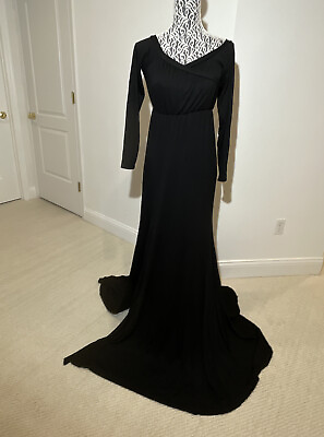 Black Formal Evening Gown Train Dress Maxi 3 4 Sleeve Stretchy Size M L XL $34.84