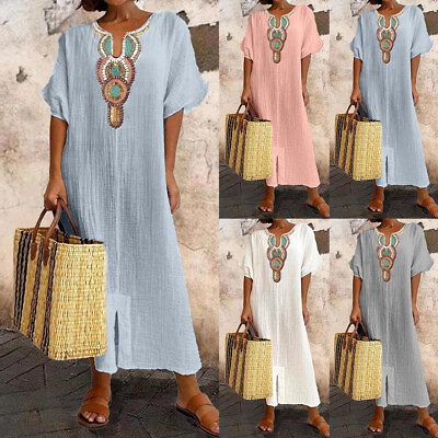 #ad #ad Women Print V Neck Maxi Dress Boho Baggy Short Sleeve Loose Casual T Shirt Dress $25.29