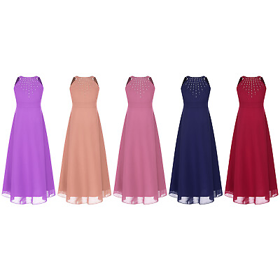 #ad Kids Girls Gown Shiny Maxi Sleeveless Dress Wedding Sundress Party Teen Elegant $20.60