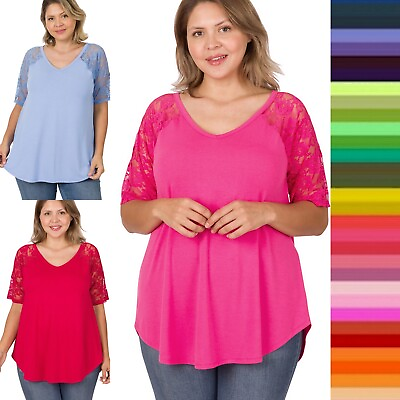 Plus Size 1X 2X 3XL Round V Neck Lace Short Sleeves Shirt Soft Stretch Rayon Top $11.45