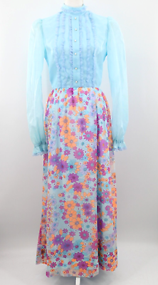 #ad Vtg Women#x27;s 70s Blue Orange amp; Purple Floral Psychedelic Maxi Dress 1970s Sz S $69.99