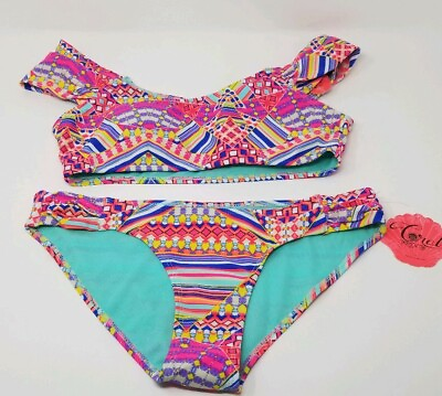 #ad #ad NWT Women#x27;s Coral Tropics by Apollo Swimwear Bikini Orange Blue White Yellow $24.99