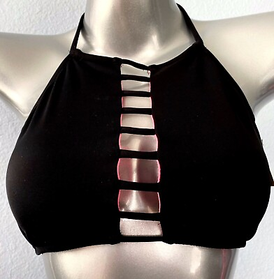 #ad PINK Victorias Secret Nwt High Neck Strappy Black Cropped Bikini Top $12.99