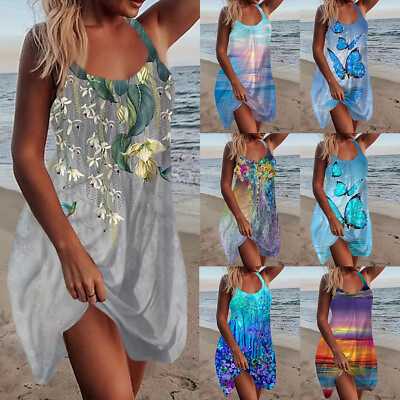 Womens Gradient Butterfly Cami Tank Mini Dress Holiday Beach Summer Sundress $16.39