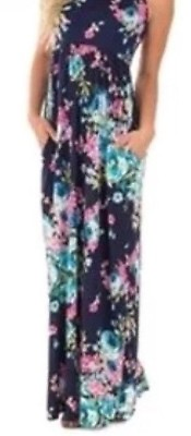 #ad Center Link Women#x27;s Maxi Floral Dress Boho Blue Pink Large Stretchy Racerback $10.30