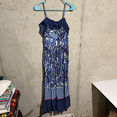 #ad Cat amp; Jack Maxi Dress Girls Size XL 14 16 Blue White Tropical Leaves Neon $14.88