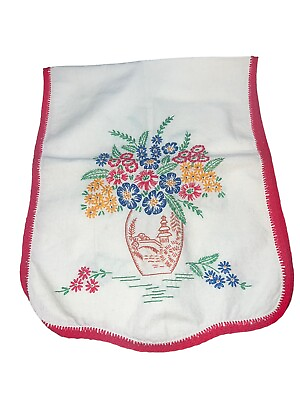 #ad Vintage Farmhouse Cottage Embroidered Dresser Scarf Pagoda Crochet Edge 12x32 $11.90