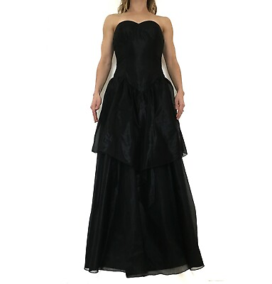 VTG Party Prom Dress Black Tiered Skirt Strapless Cocktail Drop Waist Gown Long $67.99