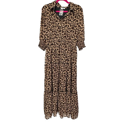 #ad Chicsoul Dress Womens 2X Brown Black Cheetah Print Maxi 3 4 Sleeve Animal Print $17.42