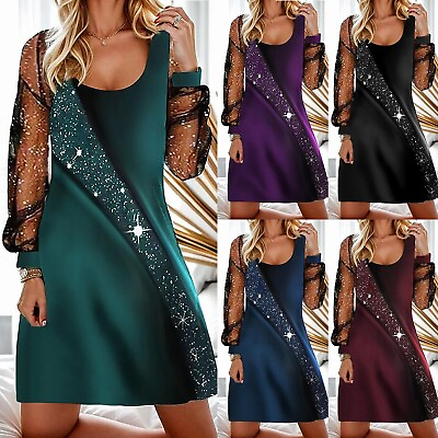 #ad Fashion Women Scoop Neck Mesh Sleeve Mini Dress Evening Cocktail Party Dresses $21.59