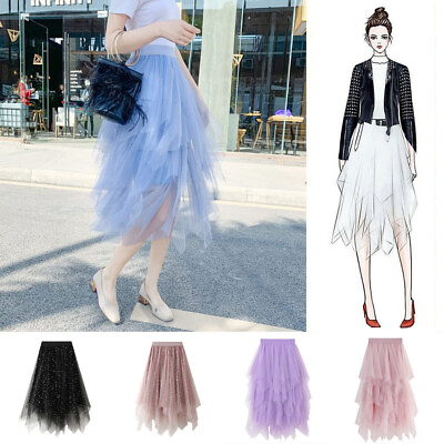 #ad Women#x27;s A Line Fairy Elastic Waist Tulle Midi Skirt High Waist Skirts Mesh $16.78
