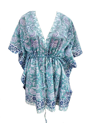 #ad 100% Cotton Hand Block Print Caftan Women#x27;s Print Swimsuit Cover up Beach Kaftan $31.99