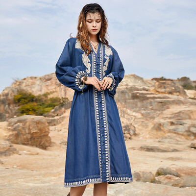 #ad New Women#x27;s Denim Dress Plus Size Embroidered Maxi Long Shirt Dresses A2308 $69.00