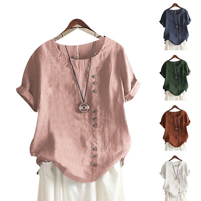 Womens Summer Cotton Linen Tunic Blouse Tops Ladies Short Sleeve Shirt Plus Size $13.81