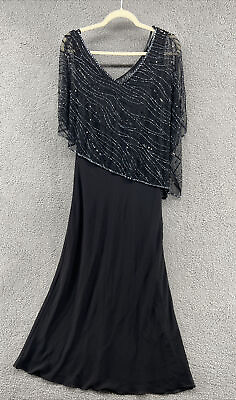 #ad JKara Women Black Bead V Neck Short Sleeve Asymmetric Evening Maxi Dress Size 6P $45.90