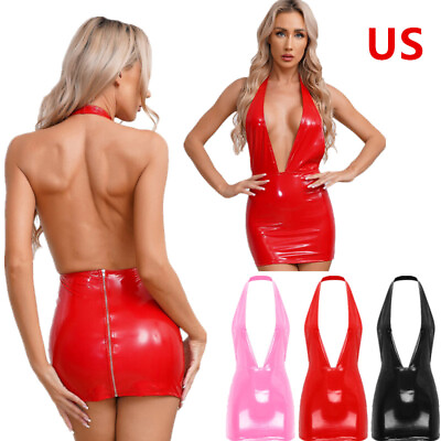 #ad #ad Women#x27;s Shiny Party Dress Faux Leather Zipper Nightwear Backless Bodycon Dresses $7.03