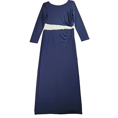 #ad Lauren Ralph Lauren Evening Dress Size 16 Blue White Ruched Formal Long Sleeve $59.88
