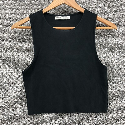 #ad Pullamp;Bear Cropped Tank Top Ribbed Plain Black Teens Womens Sz M Stretch Pullover $6.29
