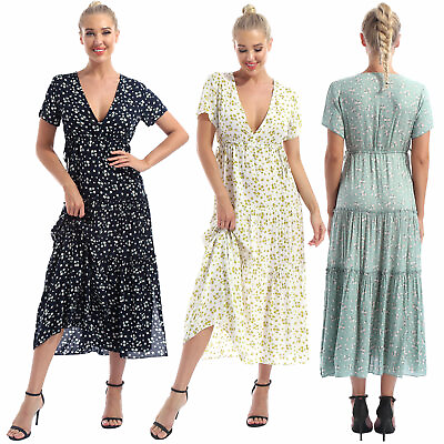 #ad #ad Summer Womens Boho Floral Long V Neck Beach Sundress Maxi Ruffle Hem Dress Party $27.99