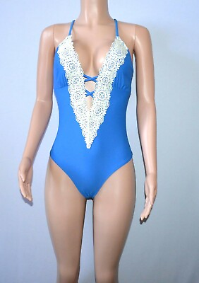 #ad #ad Women#x27;s Lace One Piece Blue Swimsuit Crochet Size Medium $17.99
