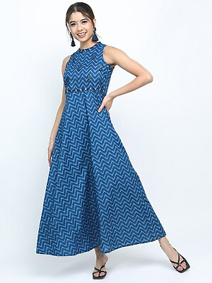 #ad Women Dress Blue Ethnic Printed Maxi Dress Wedding Vintage Dress $28.99