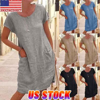 Cotton Linen Womens Loose Mini Dress Short Sleeve Beach Pocket T shirt Sundress $6.29