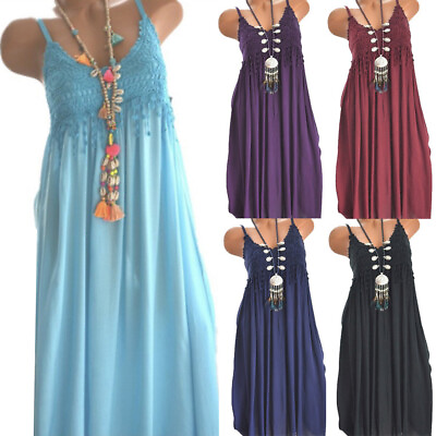#ad Midi Cami Beach Dresses Sundress Strappy V Neck Holiday Boho Excluding Necklaces $12.97