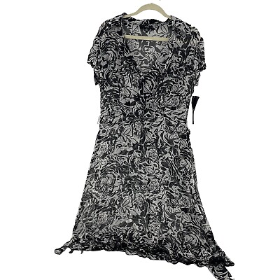 #ad Msk Womens Black White Floral Ruffled Short Sleeve Sheer Cocktail Dress MIDI 12 $34.97