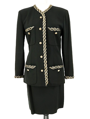 #ad Albert Nipon Black Skirt Suit Sz 8 Womens Gold Beaded Trim Buttons Vintage $124.98