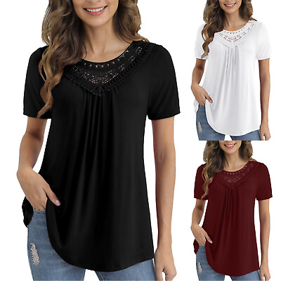 Tee Round Shirts Tops Neck Sleeve Lace Women Plus Summer Short Casual Tunic $18.08