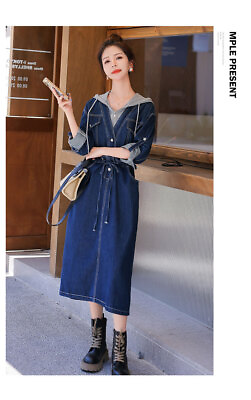 #ad Early Autumn Denim Skirt Long Sleeve Hooded Style Dress New Hot Sale $62.68