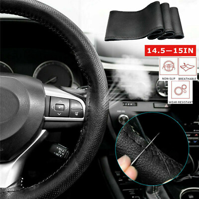 15#x27;#x27; Black Car Steering Wheel Leather Cover Breathable Anti slip Wrap DIY Stitch $7.99