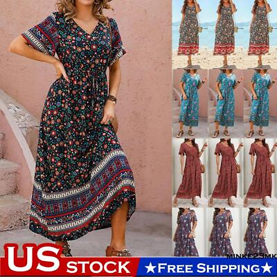 #ad Womens Boho V Neck Maxi Long Dress Ladies Summer Holiday Beach Sundress Dress $18.30