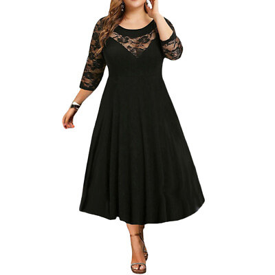 Ladies Cocktail Party Swing Dress Lace 3 4 Sleeve Womens Midi Dress Plus Size $23.75