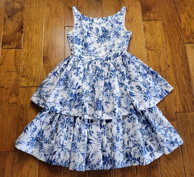 #ad J. Peterman Dress Toile Blue White Tiered Ruffles Cocktail Women#x27;s Size 4 $74.99