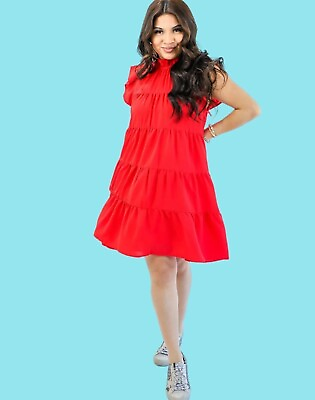 #ad Entro Ruffle Boho Dress Small S Red High Neck Ruffle Sleeves Lined Knee Length $17.10