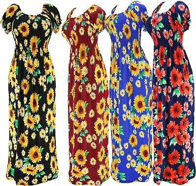 #ad Women#x27;s Sunflower Floral Smocked Summer Sundress Long Dress $18.95