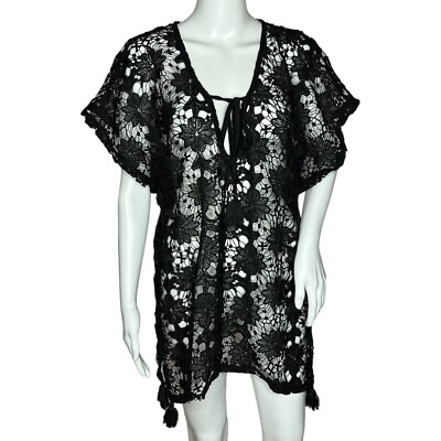 #ad Unbranded Floral Crochet Beach Cover Up Black Short Sleeve V Neck Tie Neck XL $19.92