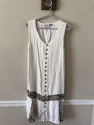 #ad Raya Sun Womens Size M Off White Embroidered Sleeveless Dress Animal Print Trim $18.99
