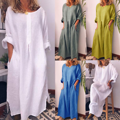 #ad Women Loose Maxi Dress Solid Baggy Round Neck Long Sleeve Dresses Gown Casual $22.24