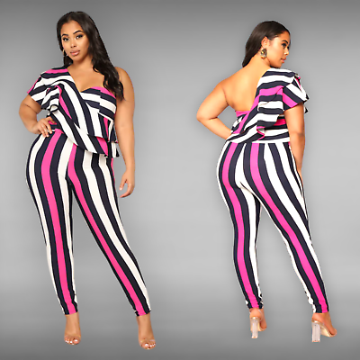 NEW Find Me Plus 3XL One Shoulder Ruffle Sleeve Stripped Jumpsuit $14.00