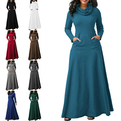 #ad Women#x27;s Casual Pocket Maxi Dress Ladies Long Sleeve High Neck Pullover Dresses♧ $16.70