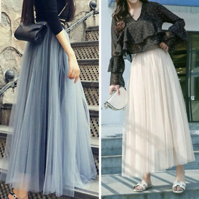#ad Women High Waist Mesh Tutu Maxi Skirt Elegant Sheer.Net Tulle Pleated Long Skirt $16.71