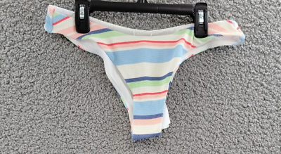 #ad ROXY Line Up Hi Cheeky Bikini Bottoms Juniors#x27; M Bright White Blue Multi Stripes $17.03