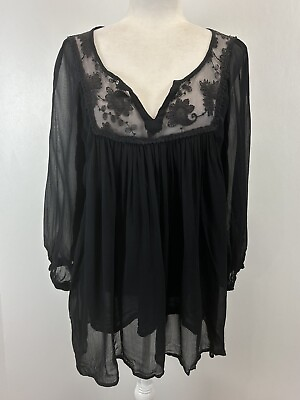 #ad World Market Womens Shirt L XL Black Gothic Peasant Sheer Lace Boho Tiered $24.99